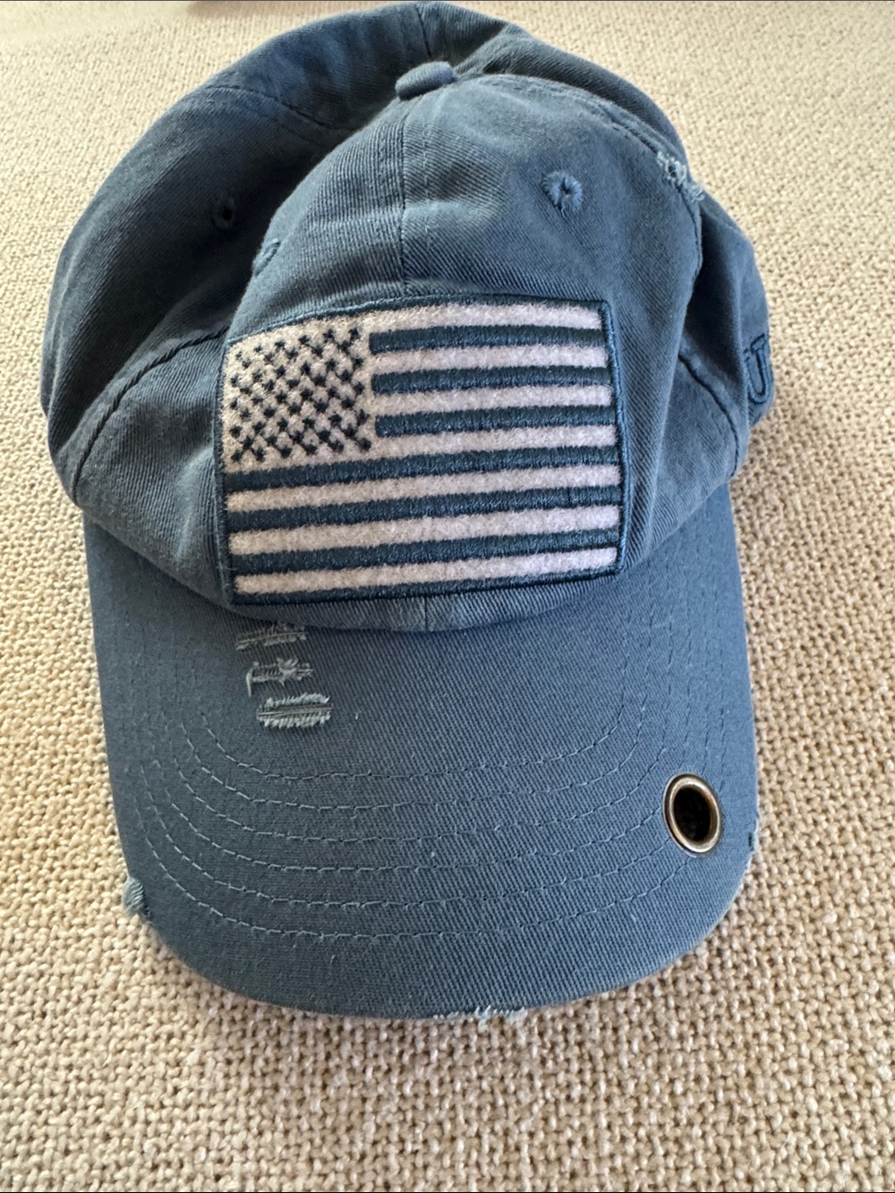 Distressed Blue Men's Baseball Cap with Flag Patch OS. Cool hat